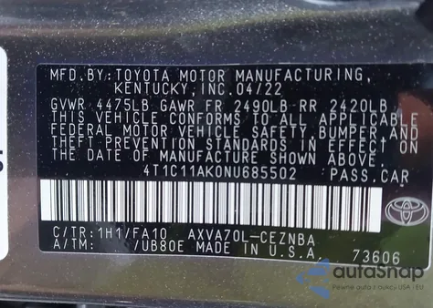 2022 Toyota Camry Le from USA, damaged, VIN 4T1C11AK0NU685502